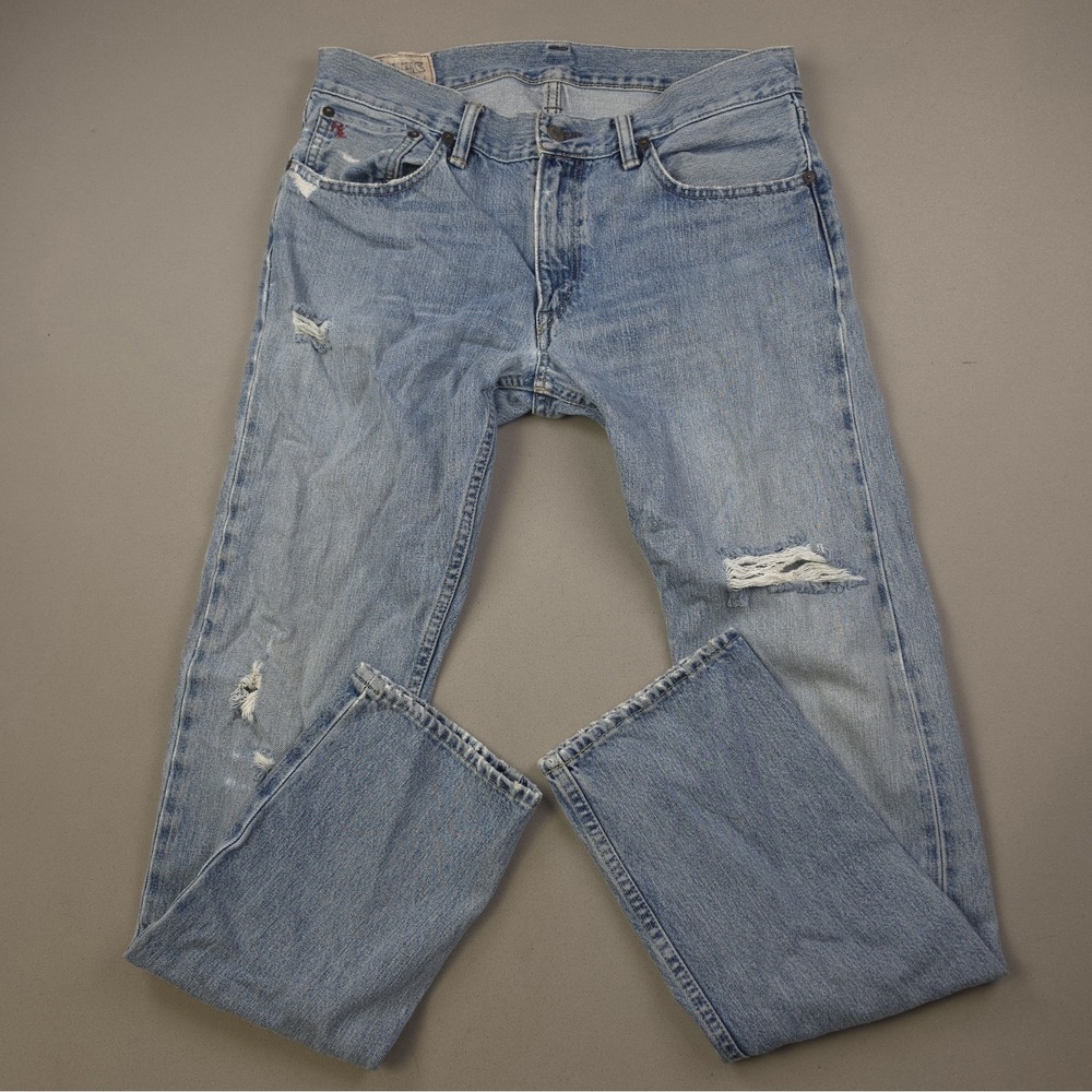 Polo Ralph Lauren 625 Rock Men 33x32 Ripped Distressed Light Blue Straight Jeans